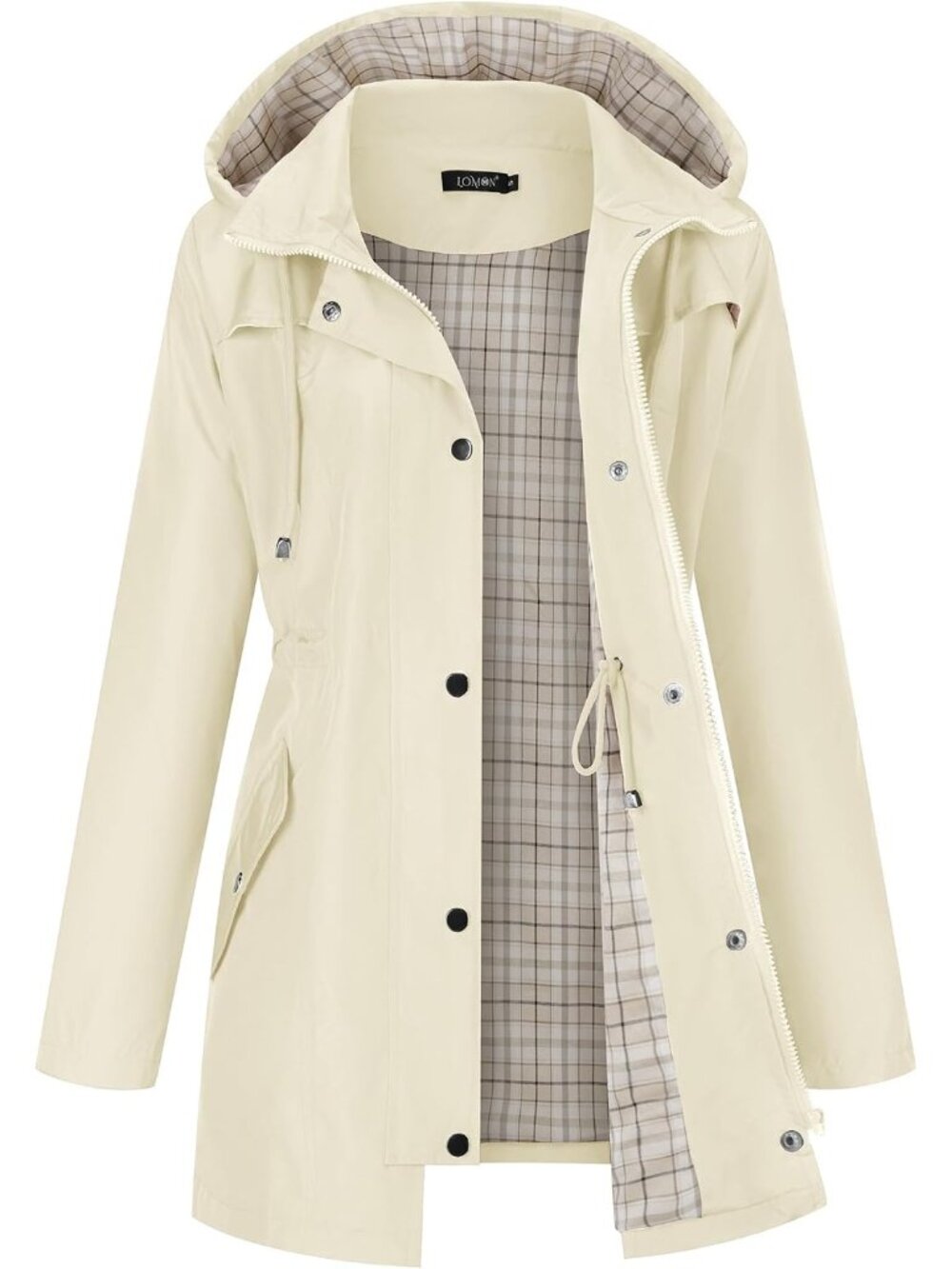 Women's Beige Long Sleeve Lined Jacket Lightweight Hood Jacket Rain Trench Coats